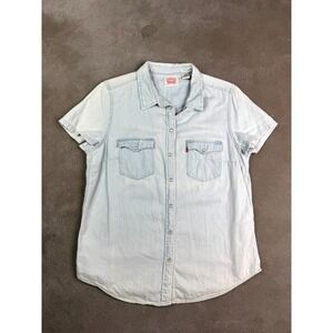 Levi's Western Shirt Womens Large Blue Chambray Cowgirl Cap Sleeve Pearl Snap